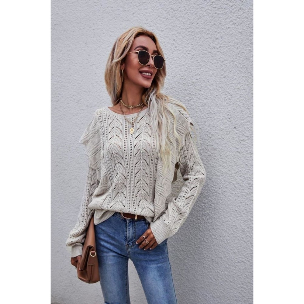Openwork Round Neck Ruffled Sweater - Picture 14 of 16